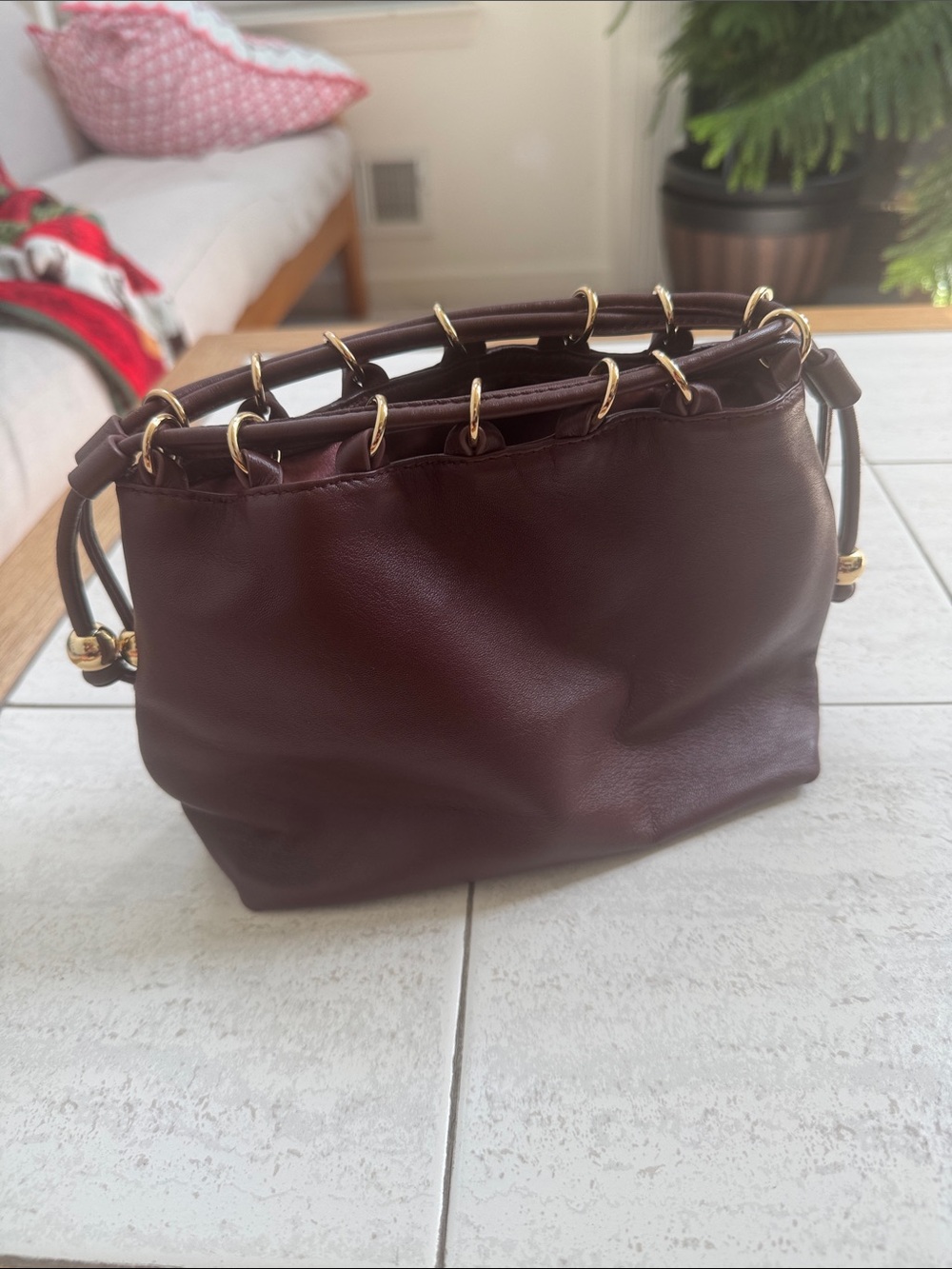 Women’s Brown Leather Handbag with Gold Ring Detail